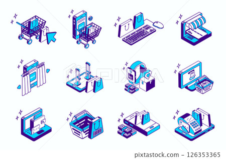 Online shopping concept 3d isometric icons set for web isometry design. Collection elements of order in cart, credit card payment, sale in store, internet shop, e-commerce, more. Vector illustration. 126353365