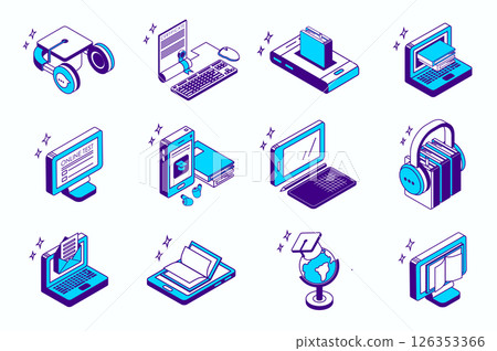 Online education concept 3d isometric icons set for web isometry design. Collection elements of video course, certificate, e-learning, ebook, test, homework, audio lesson, more. Vector illustration. 126353366