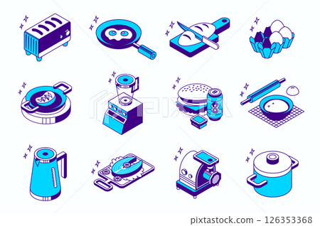 Kitchen utensils concept 3d isometric icons set for web isometry design. Collection elements of toaster, frying pan, eggs, cooking steak, blender, fast food, grinder, bowl, more. Vector illustration. 126353368