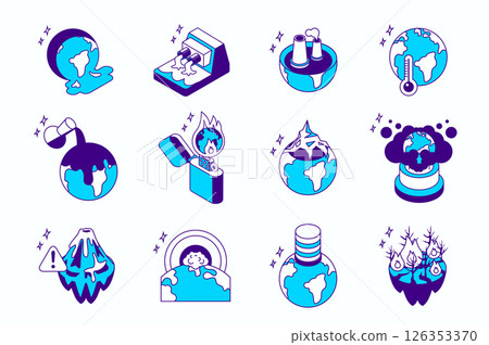 Global warming and pollution concept 3d isometric icons set for web isometry design. Collection elements of planet heat, toxic pollution, climate change, ecology disaster, more. Vector illustration. Global warming and pollution concept 3d isometric icons set for web isometry design. Collection elements of planet heat, toxic pollution, climate change, ecology disaster, more. Vector illustration. 126353370