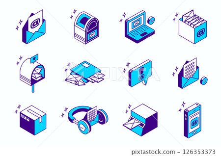 Email service concept 3d isometric icons set for web isometry design. Collection elements of letter envelope, mailbox, internet message, contact, mail, connection, support, more. Vector illustration. 126353373