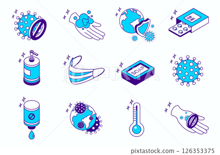 Disease prevention concept 3d isometric icons set for web isometry design. Collection elements of virus stop, washing hand, pills, antiseptic, medical mask, global epidemic, more. Vector illustration. Disease prevention concept 3d isometric icons set for web isometry design. Collection elements of virus stop, washing hand, pills, antiseptic, medical mask, global epidemic, more. Vector illustration. 126353375