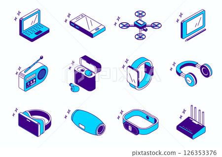 Devices and gadgets concept 3d isometric icons set for web isometry design. Collection elements of laptop, smartphone, drone, tablet and stylus, smart watch, vr headset, more. Vector illustration. 126353376