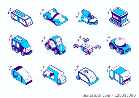 Autonomous vehicles concept 3d isometric icons set for web isometry design. Collection elements of driverless train, electric car, flying drone, wireless smart transport, more. Vector illustration. 126353390