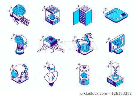 Artificial intelligence concept 3d isometric icons set for web isometry design. Collection elements of smart robot brains, intellect engineering, ai, machine learning, chip, more. Vector illustration. Artificial intelligence concept 3d isometric icons set for web isometry design. Collection elements of smart robot brains, intellect engineering, ai, machine learning, chip, more. Vector illustration. 126353392