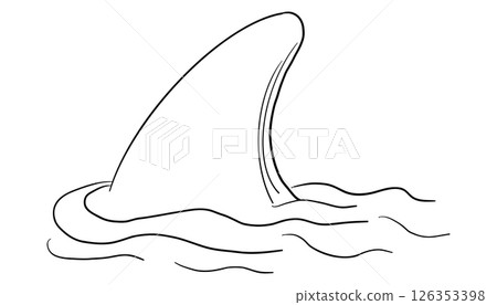 Shark fin sketch with water tattoo. Simple line silhouette dolphin or shark fin underwater. Vintage nautical retro textured shape. 126353398