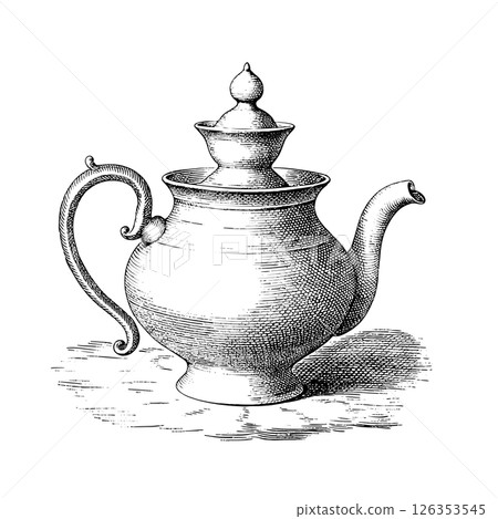 Teapot in Classic Antique Style Black and White Outline Line Art Drawing with Detailed Design Teapot in Classic Antique Style Black and White Outline Line Art Drawing with Detailed Design 126353545