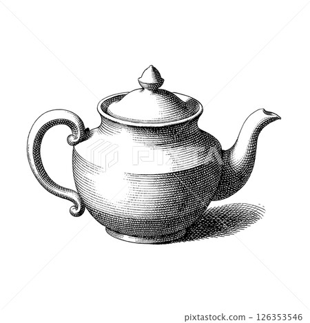 Hand drawn tea kettle illustration in engraving style for menu or cafe. Black vintage pot isolated on white background Hand drawn tea kettle illustration in engraving style for menu or cafe. Black vintage pot isolated on white background 126353546