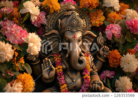 Bright holiday composition for happy Ganesh Chaturthi, abstract vivid composition consists of fictional unreal fantastic vision on background 126353566