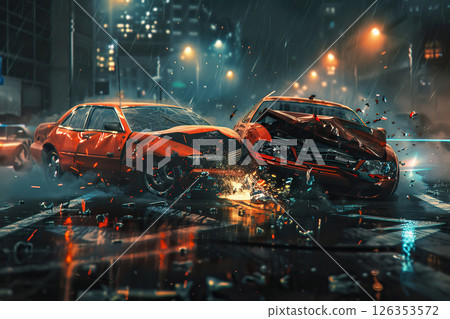 Collision of vehicles involved in major accident on city road with major damage, abstract vivid composition consists of fictional unreal fantastic vision on background 126353572