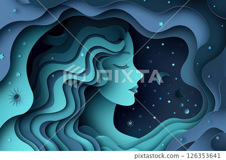 Abstract composition with concept of Virgo zodiac sign symbol, abstract vivid composition consists of fictional unreal fantastic vision on background 126353641