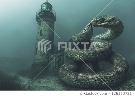 Giant underwater snake coils around an old lighthouse amidst turbulent sea and stormy skies 126353721