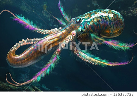 Giant squid displaying vibrant fluorescent feathers on its tentacles in a deep ocean habitat 126353722