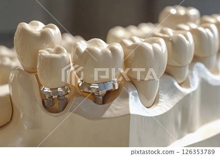 Dental implant positioned securely in the jaw surrounded by natural teeth demonstrating effective oral restoration 126353789