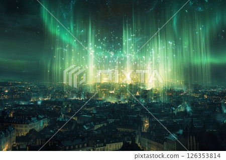 Aurora-like phenomenon illuminates city skyline with vibrant lights against a darkening twilight backdrop 126353814