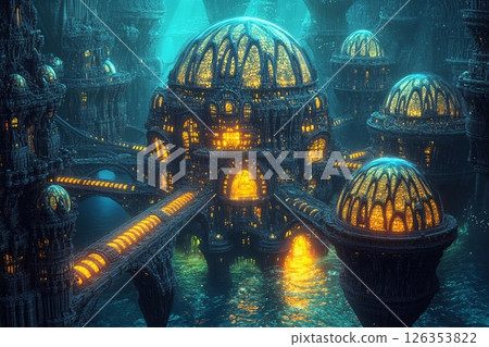 Symmetrical underwater city features bubble-like domes and illuminated pathways creating a serene aquatic environment 126353822