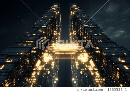 Twin towers with mirrored glass design create a stunning skyline connection at sunset 126353841