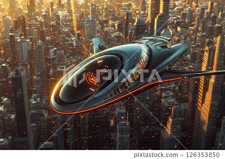 Futuristic vehicle soars above a vibrant city skyline during sunset with bright lights illuminating the surroundings 126353850