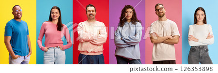 Diverse group of people standing confidently in front of colorful solid backgrounds 126353898