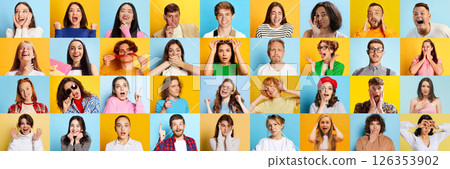 Grid collage of people showing expressive emotions of surprise, laughter, shouting against colorful backgrounds. 126353902