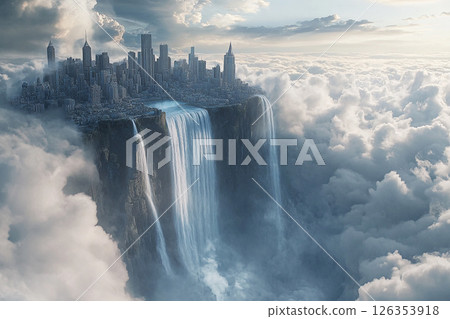 City of clouds with majestic waterfalls cascading into the abyss under a serene sky at twilight 126353918