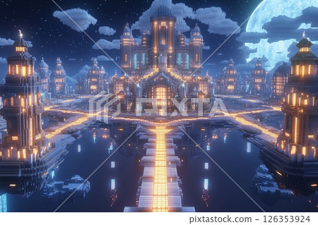 Floating city with geometric design illuminated at dusk above a tranquil landscape 126353924
