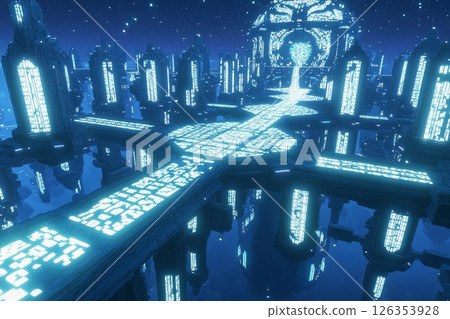 Floating city with geometric design illuminated at dusk above a tranquil landscape 126353928