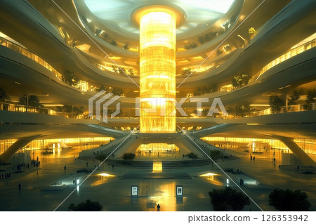Futuristic university campus designed around glowing architecture and vibrant illumination during twilight hours 126353942