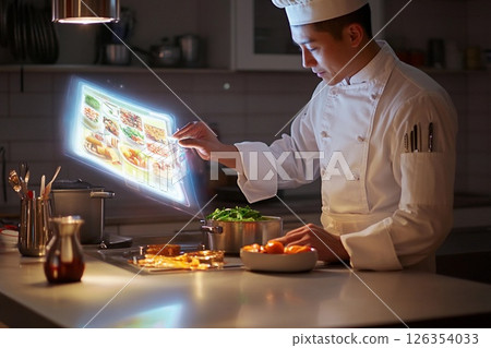 Chef engages with holographic recipe book while preparing meals in a modern kitchen 126354033