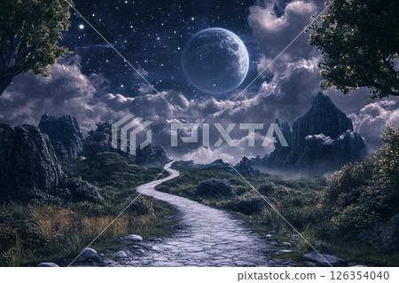 Magical road leads through a cosmic landscape toward distant planets in a starry night sky 126354040