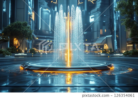 Futuristic plaza featuring a symmetrical fountain illuminated by urban lights in a vibrant cityscape Futuristic plaza featuring a symmetrical fountain illuminated by urban lights in a vibrant cityscape 126354061
