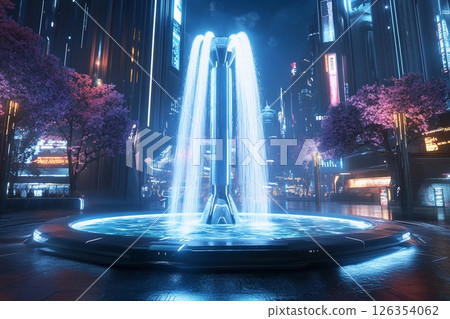 Futuristic plaza featuring a symmetrical fountain illuminated by urban lights in a vibrant cityscape Futuristic plaza featuring a symmetrical fountain illuminated by urban lights in a vibrant cityscape 126354062