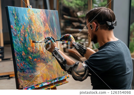 Creative artist with prosthetic arms passionately expresses himself through painting in an art studio space during daytime 126354098