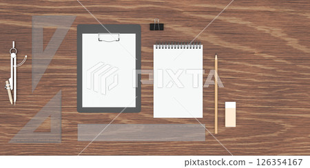 Various of stationery with wooden background, 3d Various of stationery with wooden background, 3d 126354167