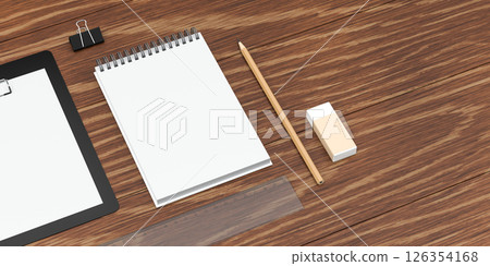 Various of stationery with wooden background, 3d Various of stationery with wooden background, 3d 126354168