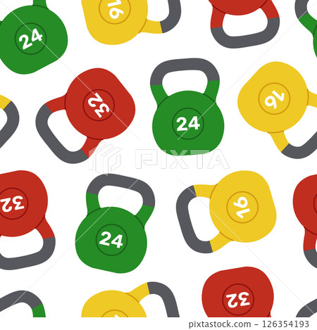 Seamless pattern with standard kettlebells weighing 16, 24 and 32 kilograms on white background. Yellow, green and red weights for kettlebell lifting sport. Fitness equipment. Vector flat illustration 126354193