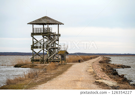 Scenic wooden observation tower overlooking a tranquil lake during a cloudy day 126354227