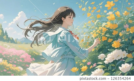 A woman standing in a flower garden 126354264