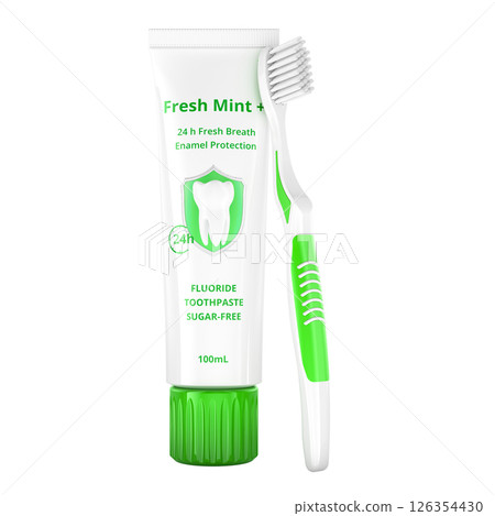 Fluoride Toothpaste with Toothbrush. 3D rendering 126354430