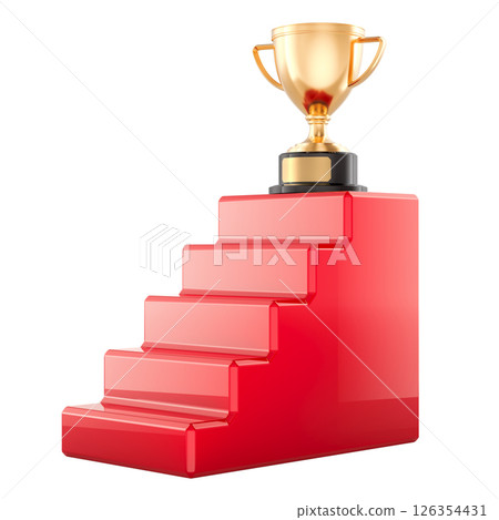 Golden Trophy on Red Stair Pedestal. Achievement and Success Concept. 3D rendering 126354431