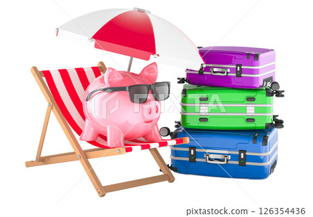 Piggy bank in sunglasses on beach chair under umbrella with luggage. Saving money and budget planning for vacation, concept. 3D rendering 126354436