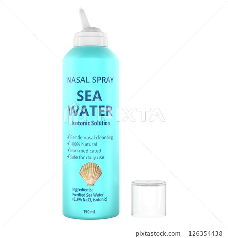 Sea Water Nasal Spray Bottle. 3D rendering Sea Water Nasal Spray Bottle. 3D rendering 126354438