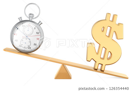 Stopwatch and Dollar Symbol on Seesaw. 3D rendering 126354440