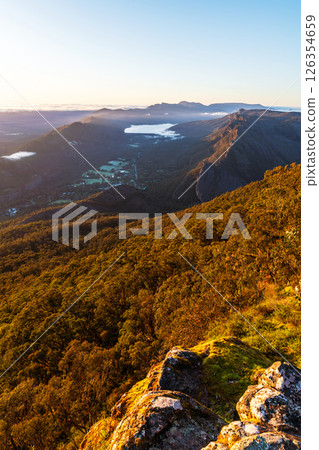 Beautiful sunrise view above Halls Gap viewed from Boroka Lookout, Grampians, Victoria 126354659