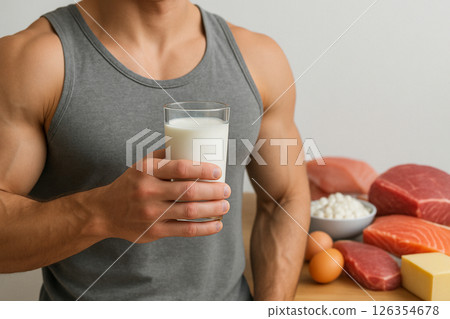 Muscular man holding glass milk with high protein 126354678