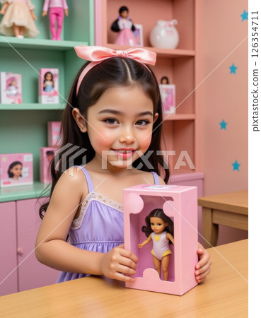 happy smiling asian girl in toy store buying doll, shopping concept 126354711