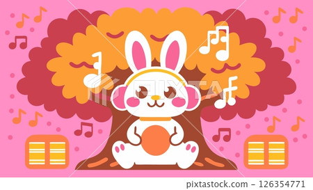 rabbit wearing headphones Lo-fi Background Big tree Sunburst Pop 126354771