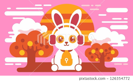 rabbit wearing headphones Lo-fi Background Big tree Sunburst Pop 126354772