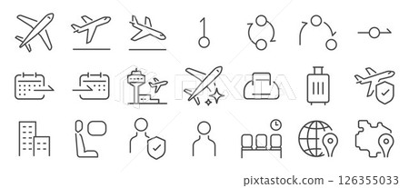 Flight icon set. It includes aviation, app, plane, airline, air transport and more icons. Editable Vector Stroke. 126355033