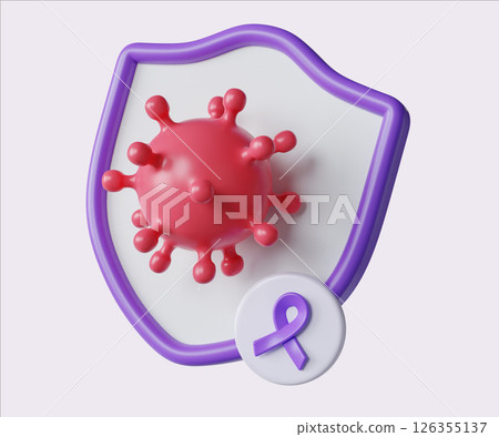 Defense Shield anti Cancer with Purple Ribbon. World Cancer Day concept, February 4. Raise awareness, prevention, detection, treatment. Icon design 3d illustration 126355137